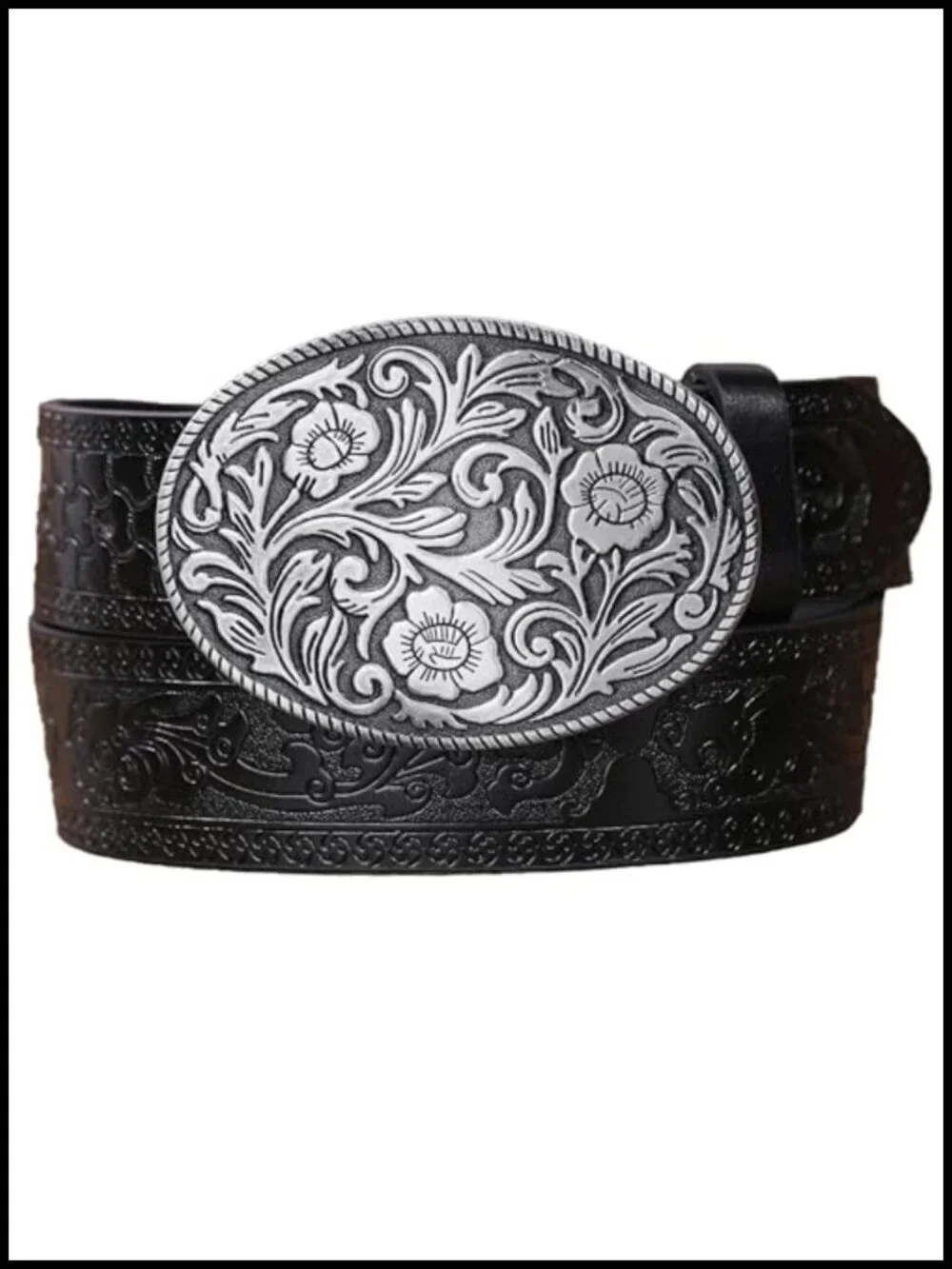 Western PU Leather Belt with Vintage Flower Buckle, Embossed, Unisex, Fits